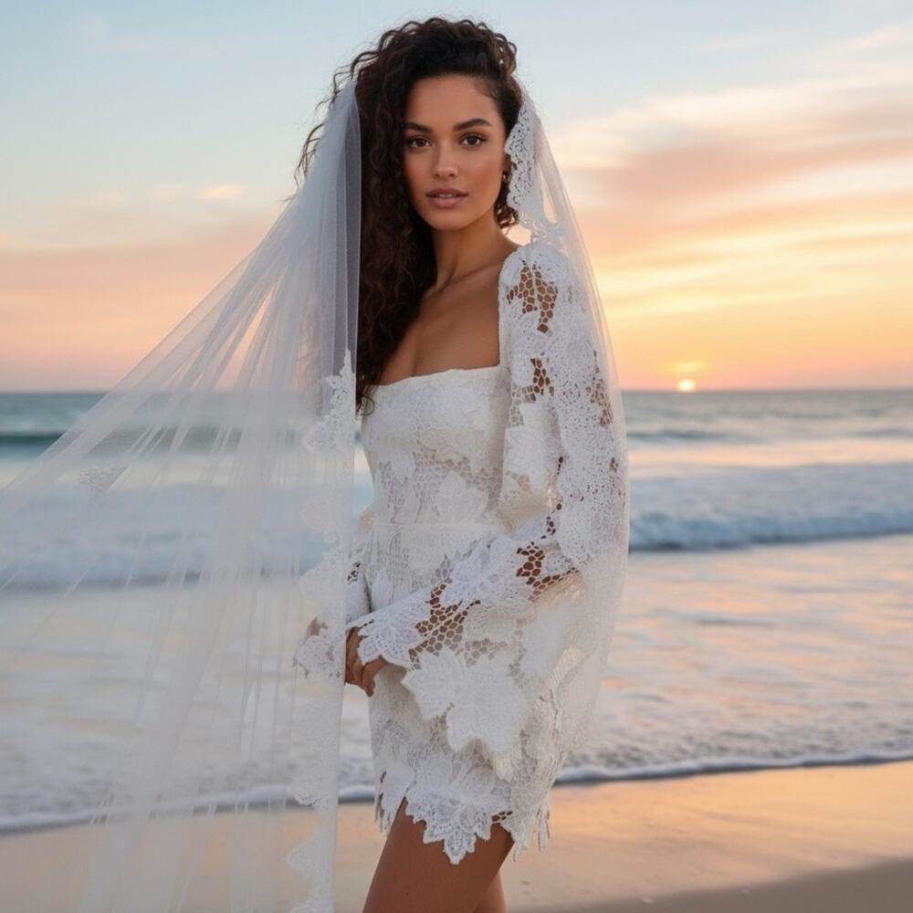 Rumer NWT White Bridal Crochet Lace Bell Sleeve Tropez Mini Dress medium - Picture 2 of 6